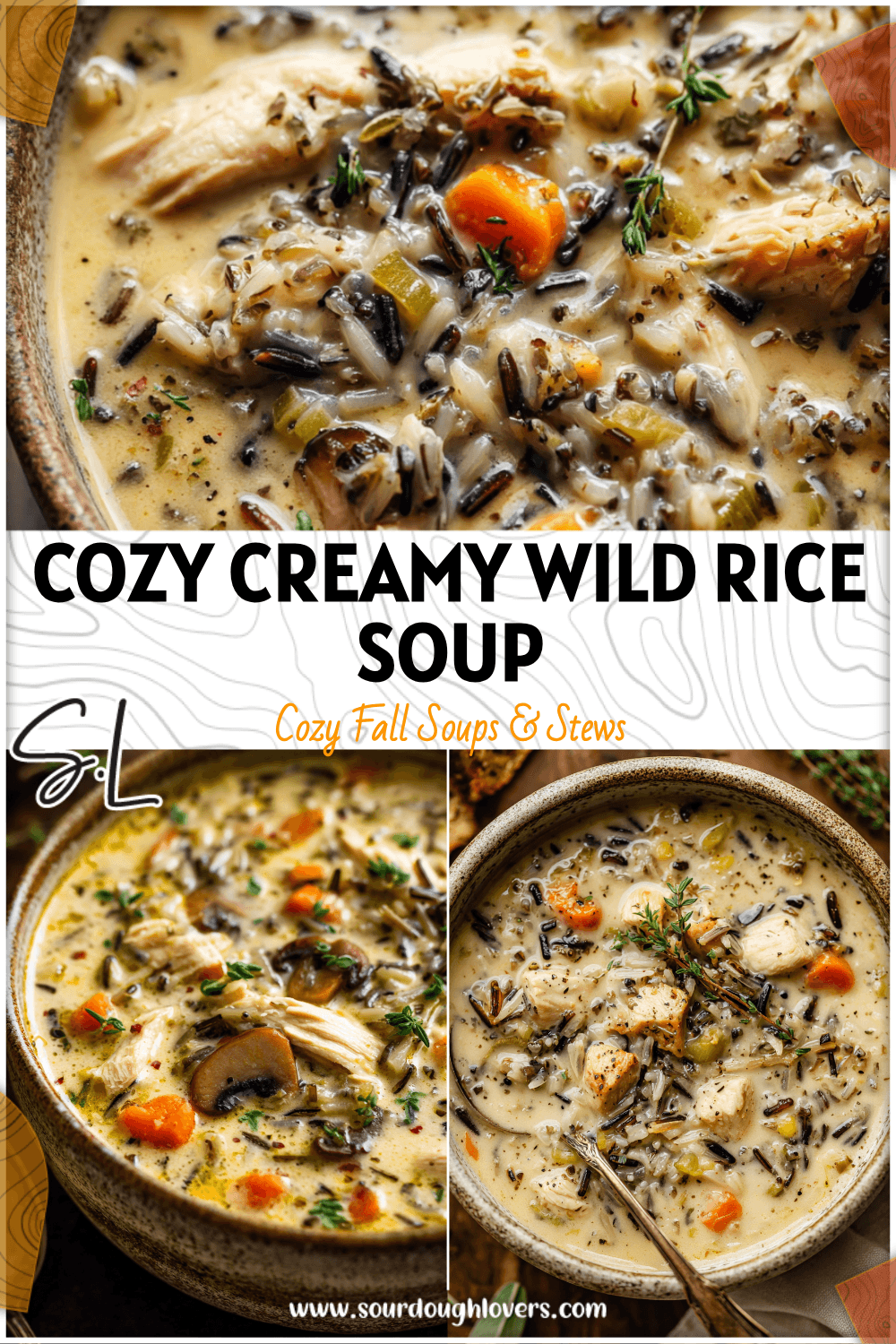 Creamy Wild Rice Soup in a rustic bowl with chicken, herbs, and rice simmered to golden perfection